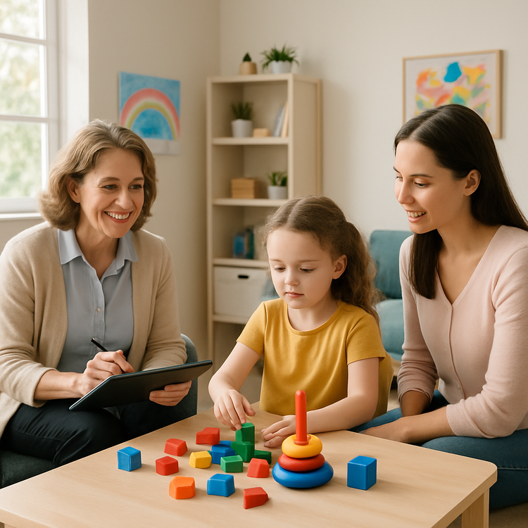 Clinical setting where an analyst works with a pediatric patient and her caregiver. 